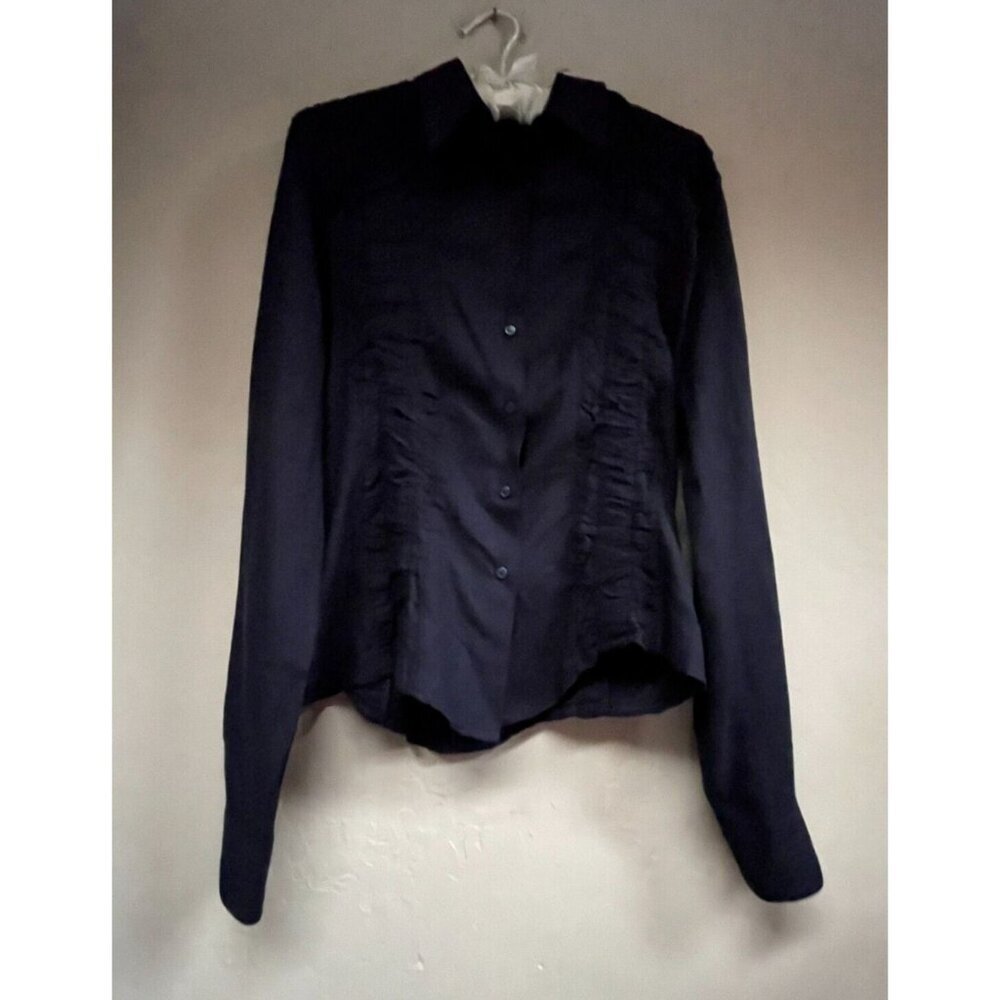 Isabel De Pedro Women's Size 8 Navy Blue Long Sleeve Button Down Ruched Shirt